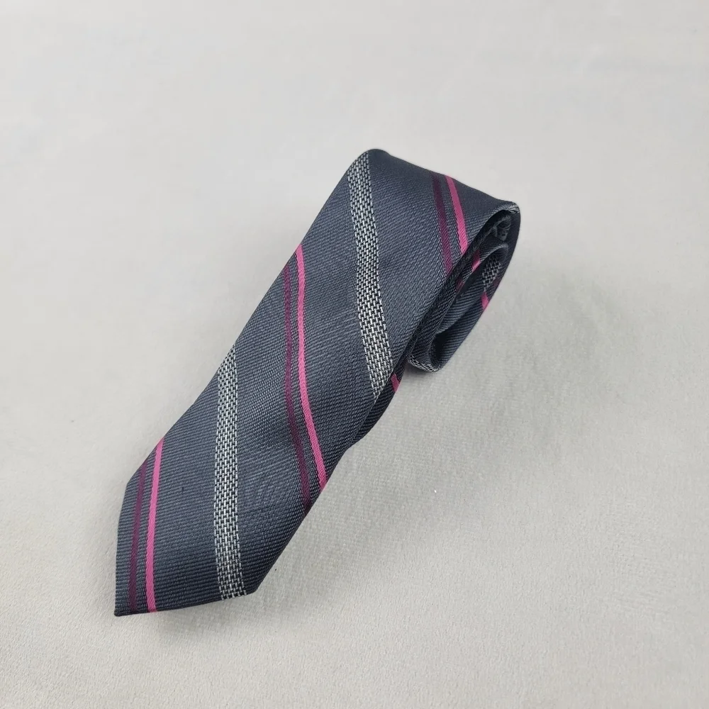 Public Notices grey‎ pink stripe skinny tie with skull details 2.25